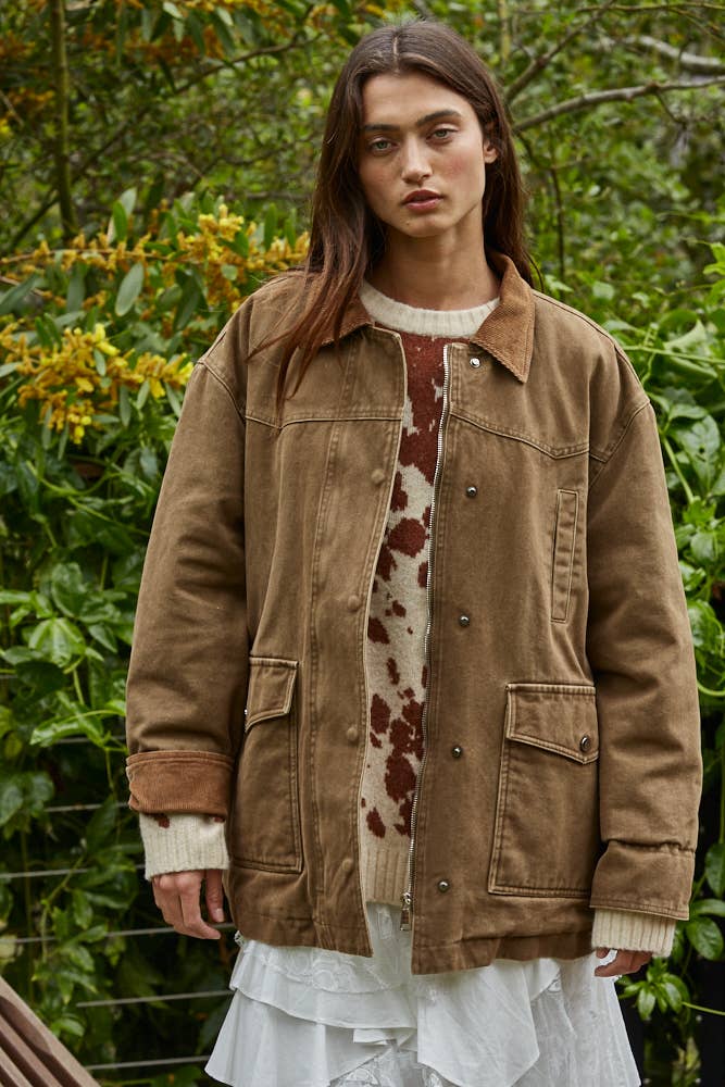 L8757 | Woven Cotton Collared Zip-Up Long Sleeve Jacket