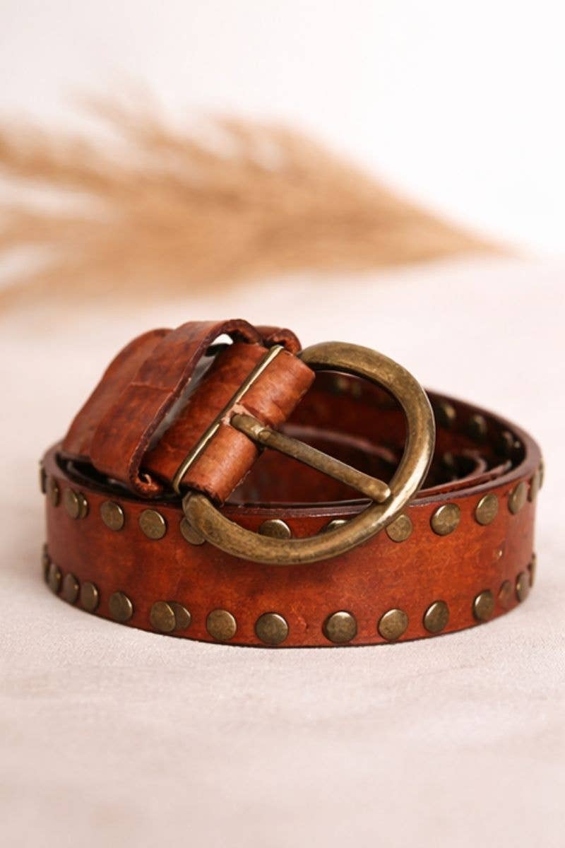 CIRIUS WIDE BROWN LEATHER BELT WITH STUDS