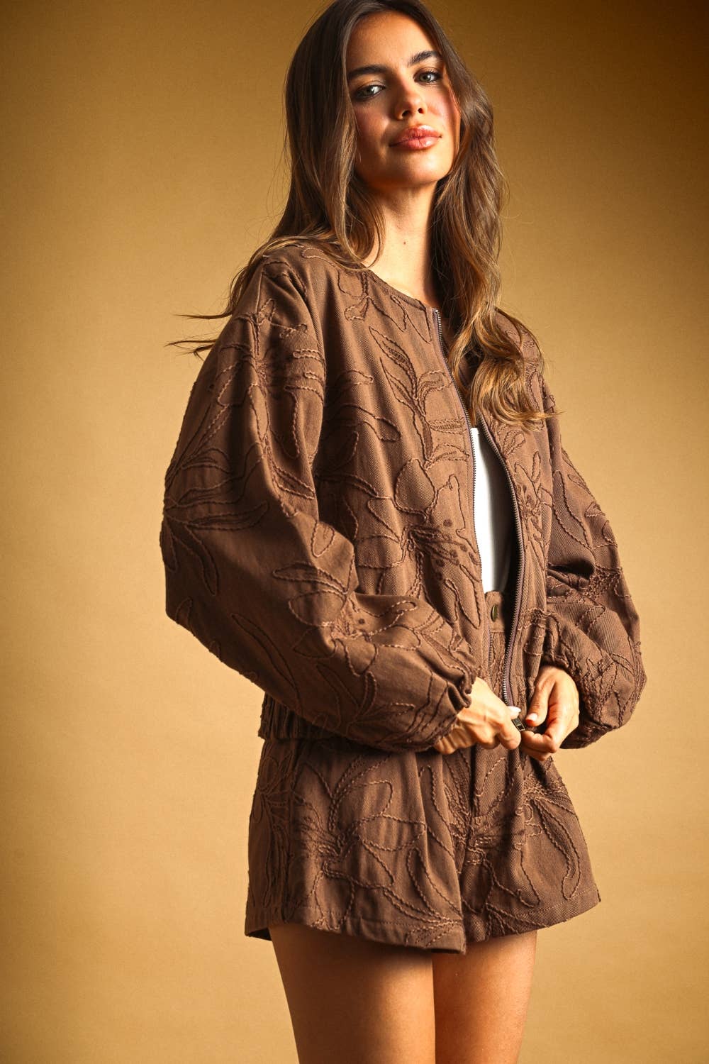J6175ST   FLORAL JACQUARD ZIP UP JACKET