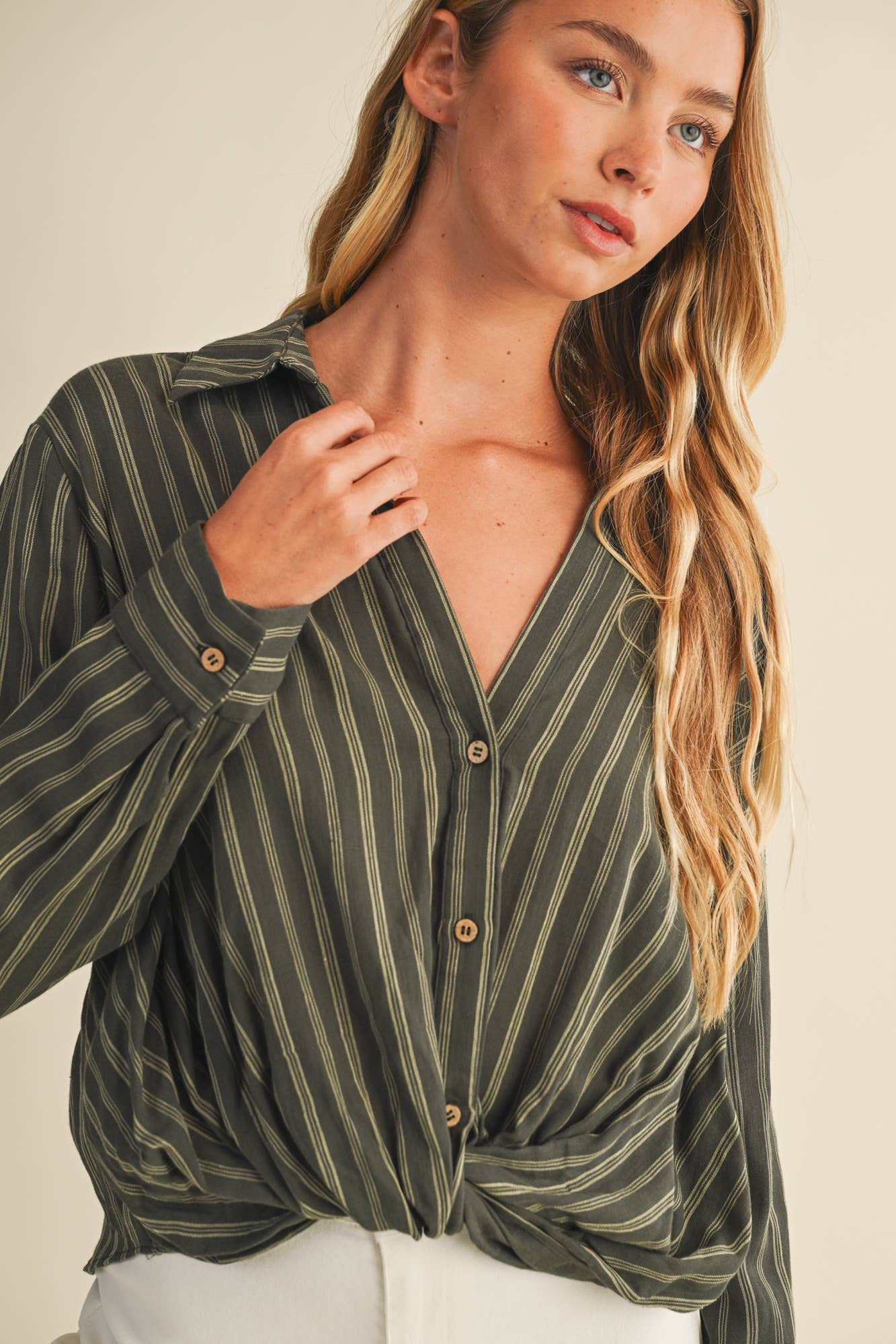 Vertical Stripe Twist Front Shirt
