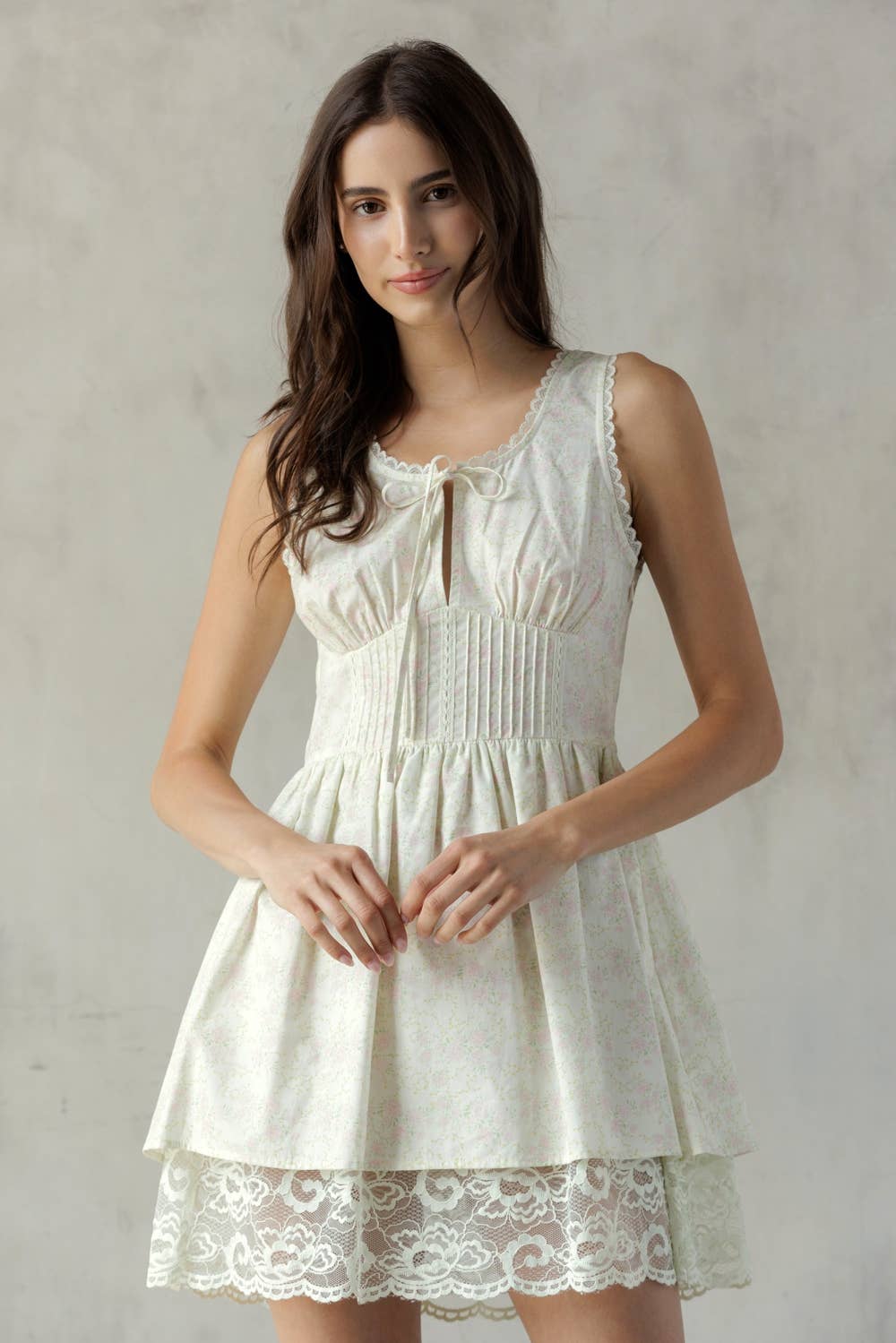 JD8144 - LACE TRIM FLORAL MINI DRESS