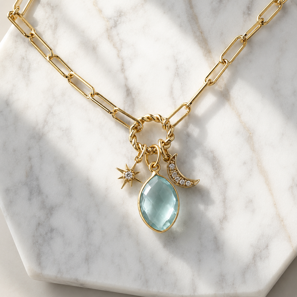 Aquamarine Quartz Moon and Star Necklace