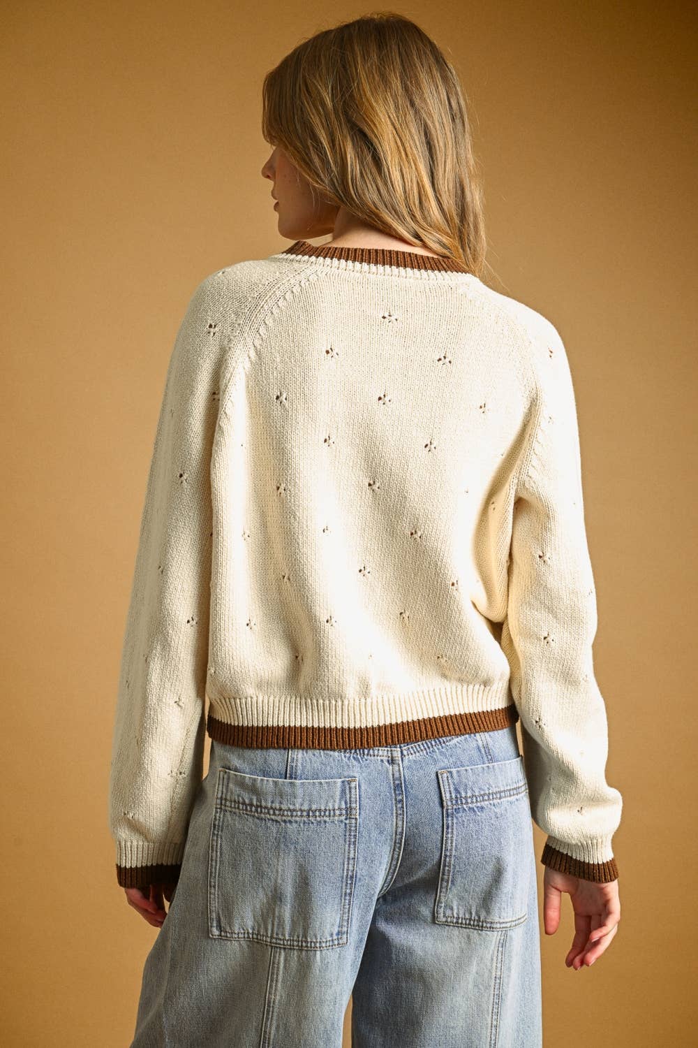 J6665   POINTELLE EFFECT KNIT CARDIGAN