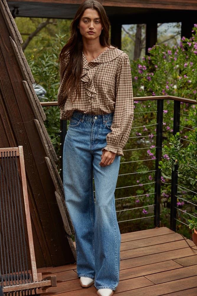 L8738 | Woven Cotton Gingham Ruffled Blouse