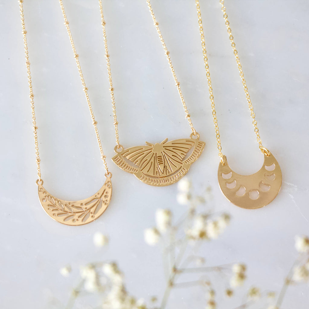 Collar Necklace - Moon Phase, Moth, Leaf