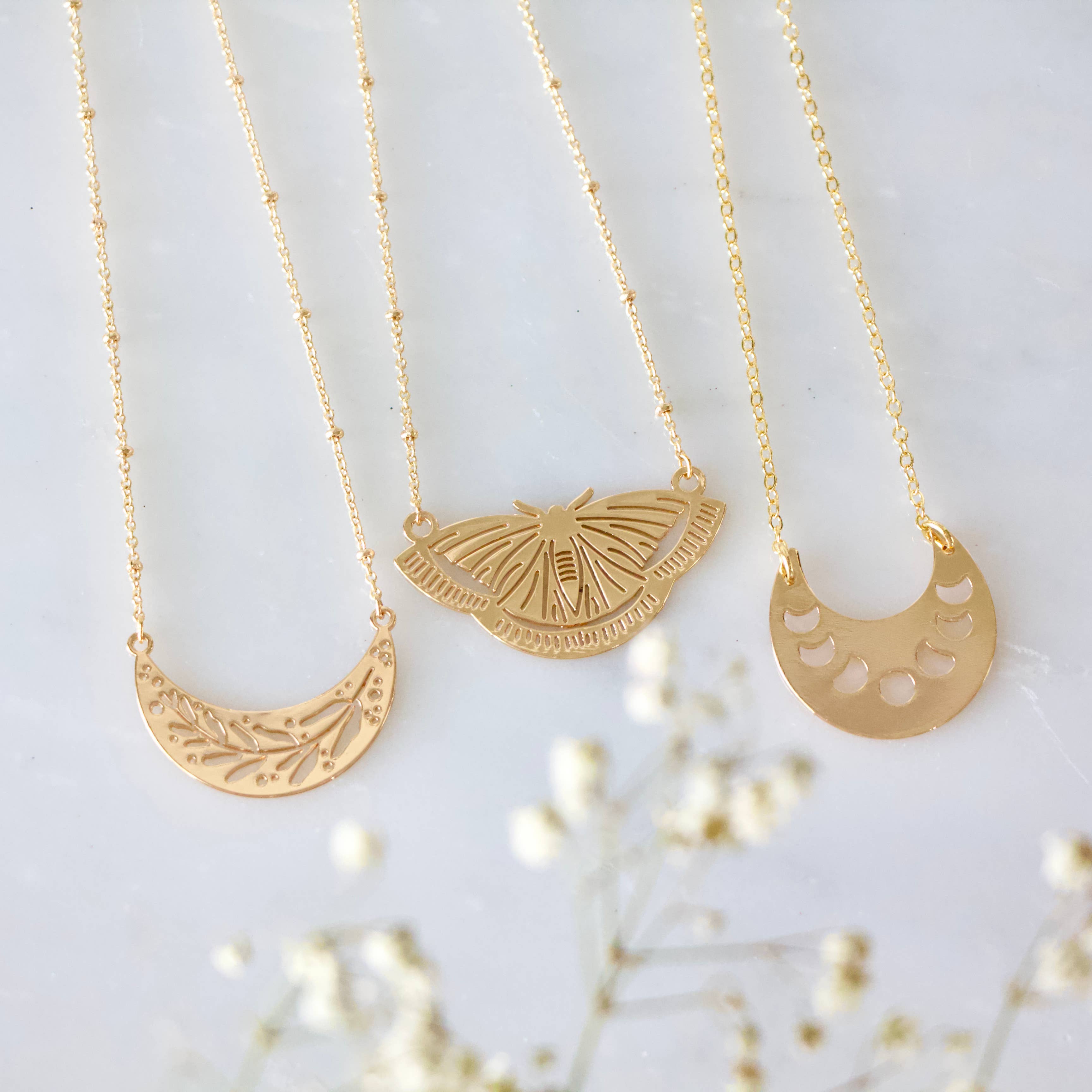 Collar Necklace - Moon Phase, Moth, Leaf