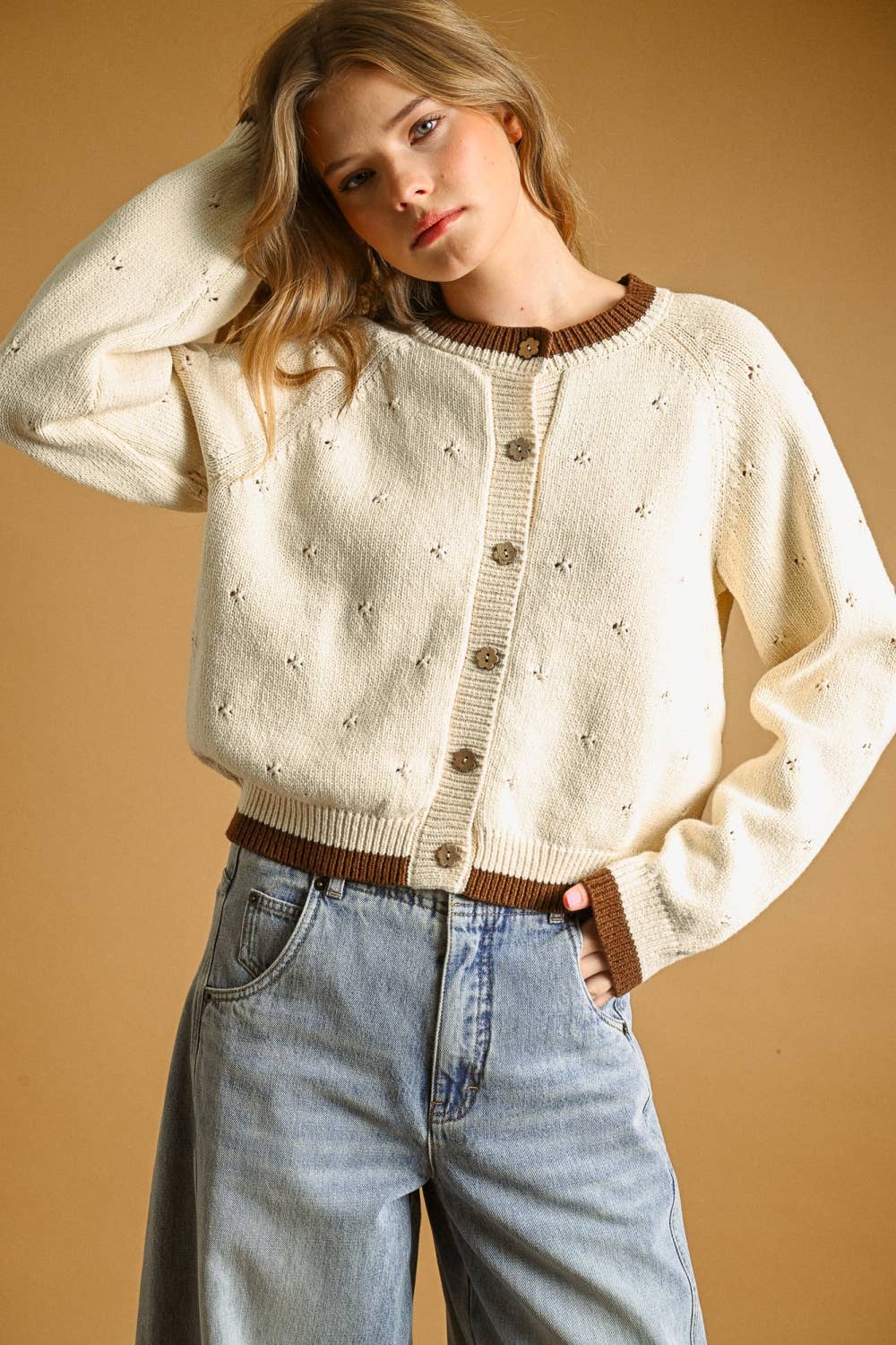 J6665   POINTELLE EFFECT KNIT CARDIGAN