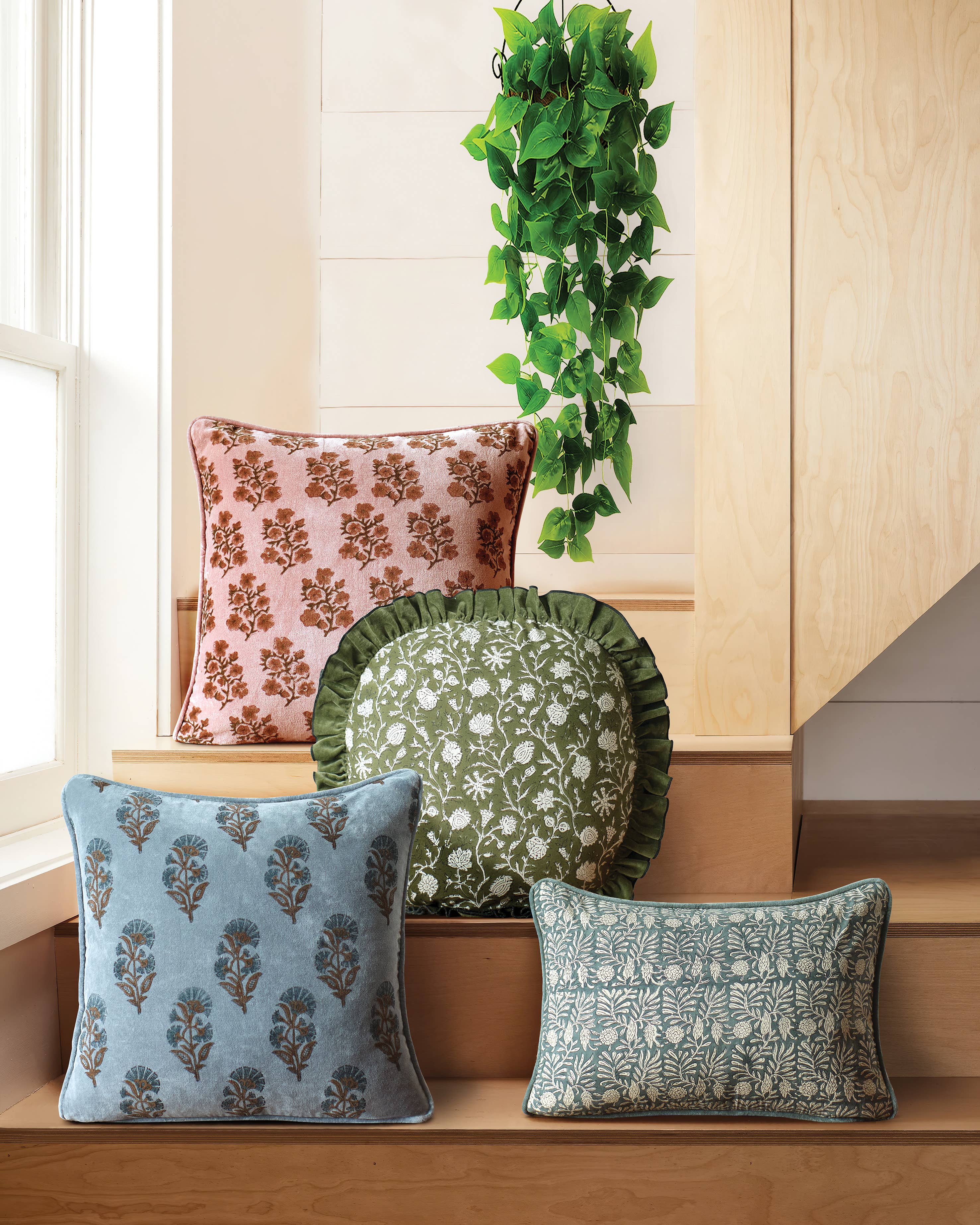 Block Print Leaf Squares Pillow