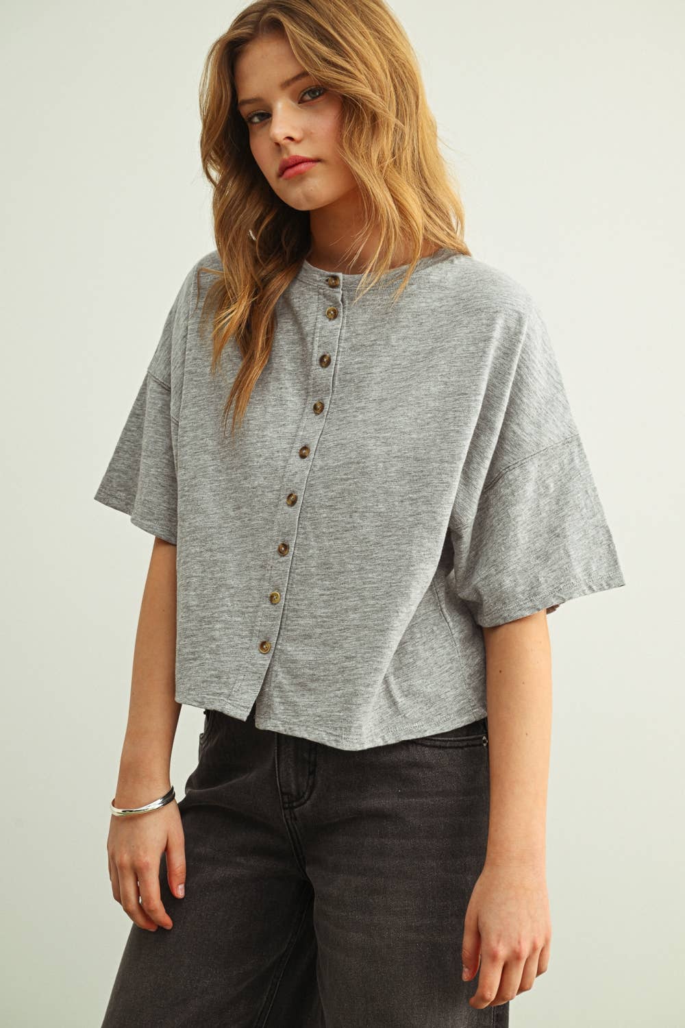 ET7639   BUTTON DOWN ROUND NECK HALF SLEEVE TOP