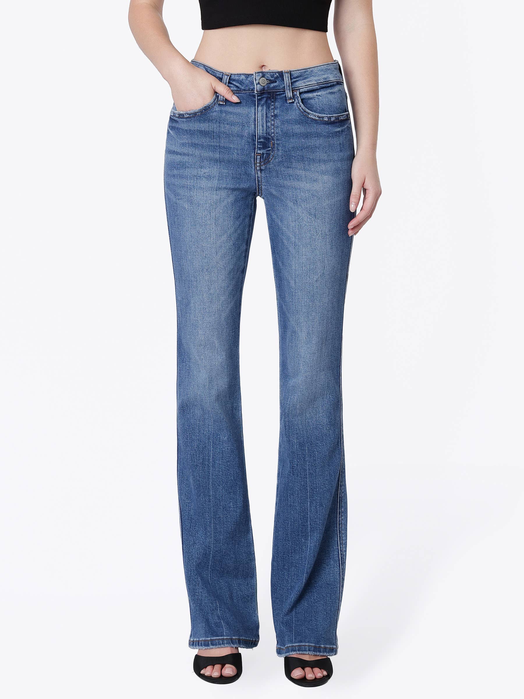 HIGH RISE MEDIUM DARK WASH FULL LENGTH BOOTCUT JEANS F5099