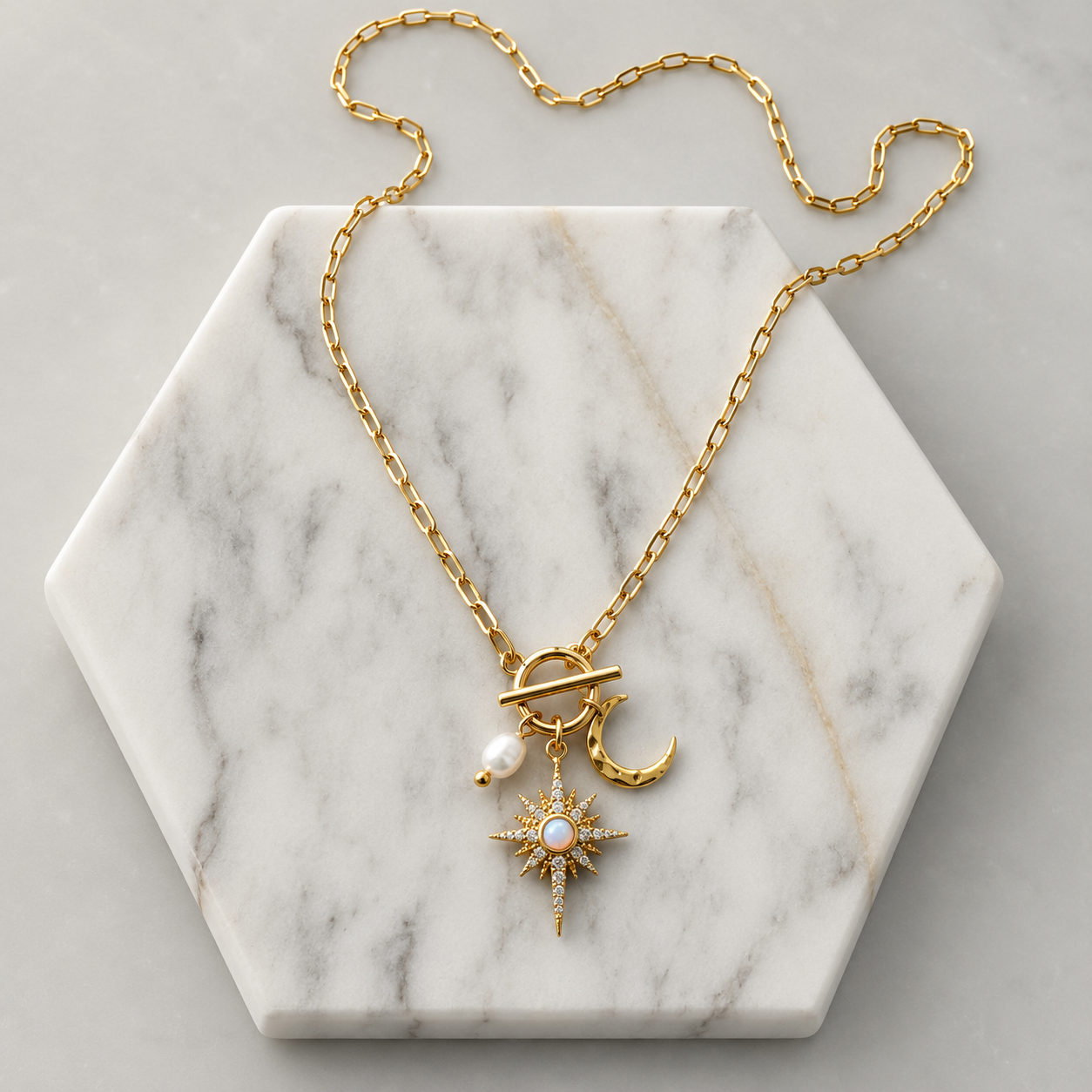 CZ Opal Pearl Star and Moon Necklace