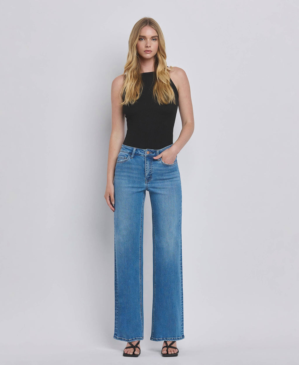 HIGH RISE MEDIUM WASH WIDE JEANS F5296MD