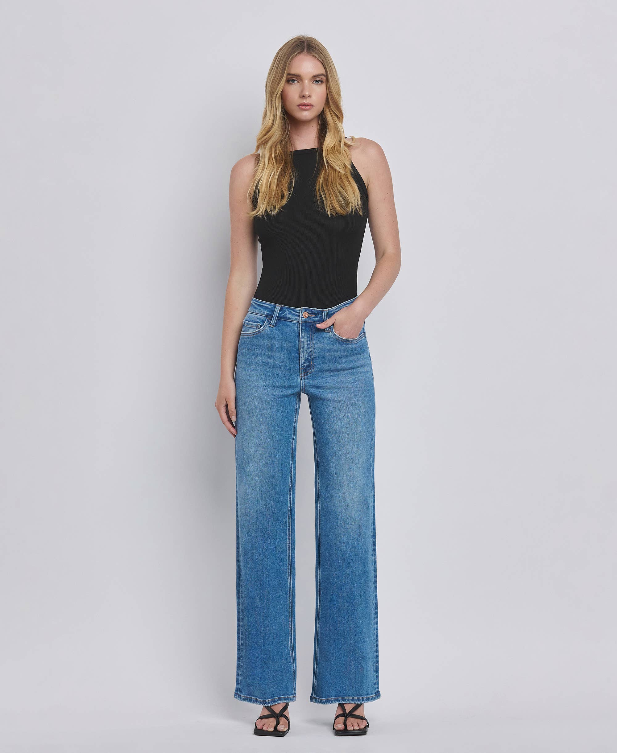 HIGH RISE MEDIUM WASH WIDE JEANS F5296MD