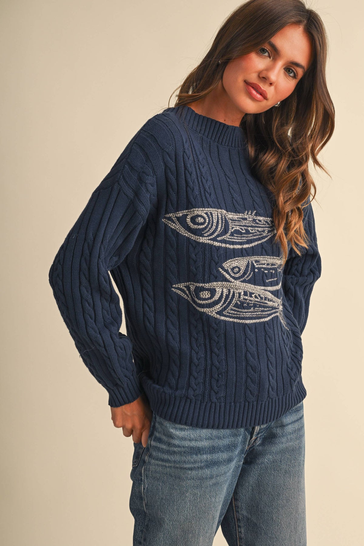 IT4935 BOAT NECK EMBROIDERED HERRING SWEATER TOP
