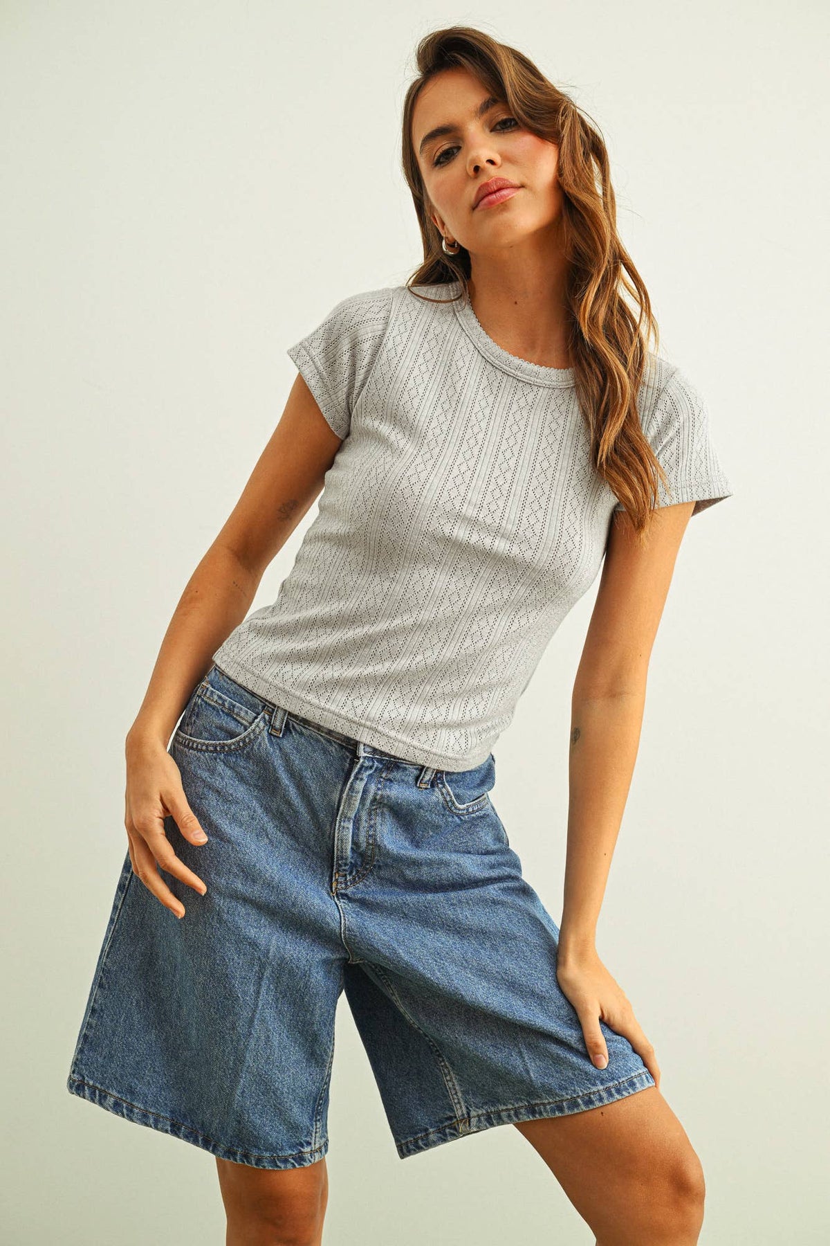 ET6157   POINTELLE FABRIC SHORT SLEEVE TOP