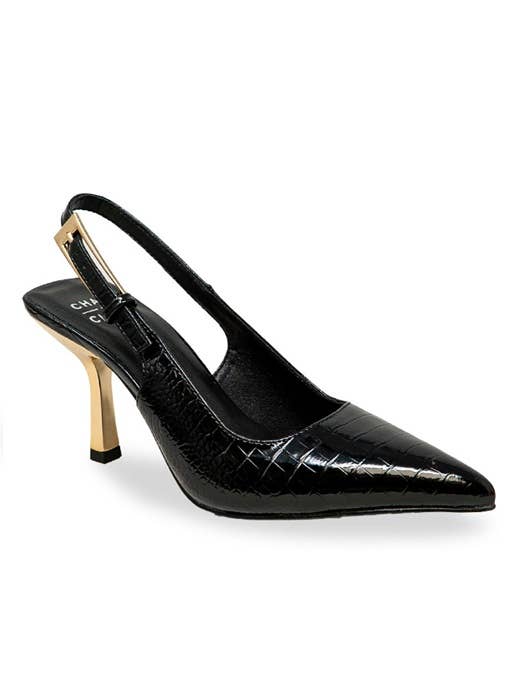 EZEKI-1 LONG BUCKLE SLINGBACK METALLIC HEEL PUMP