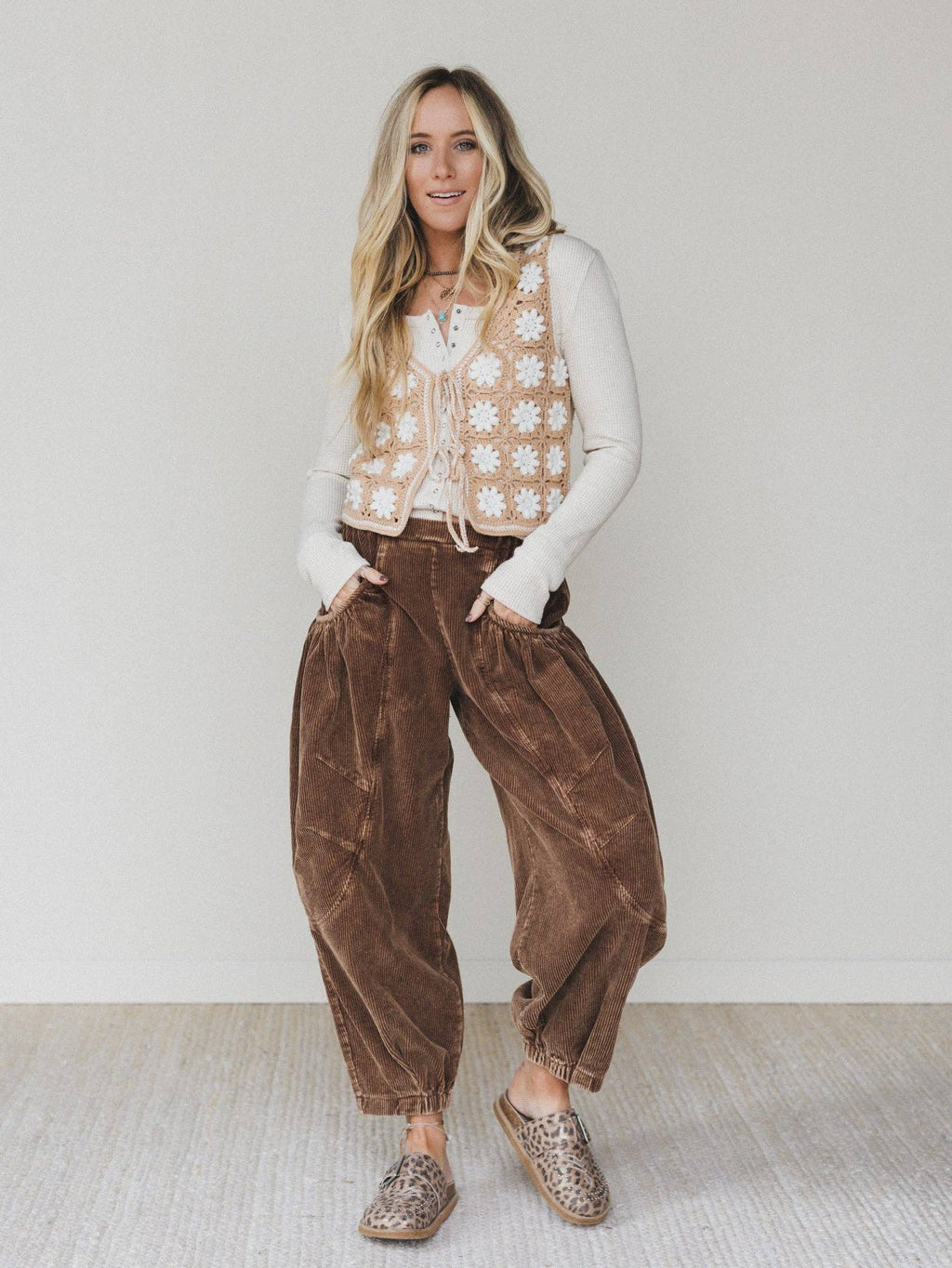 Nora Gathered Barrel Corduroy Pant - Brown