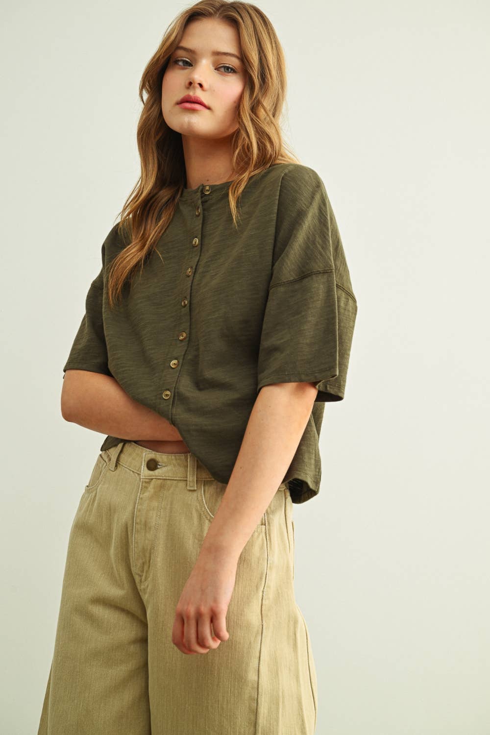 ET7639   BUTTON DOWN ROUND NECK HALF SLEEVE TOP