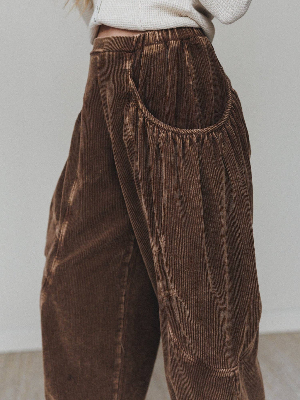 Nora Gathered Barrel Corduroy Pant - Brown