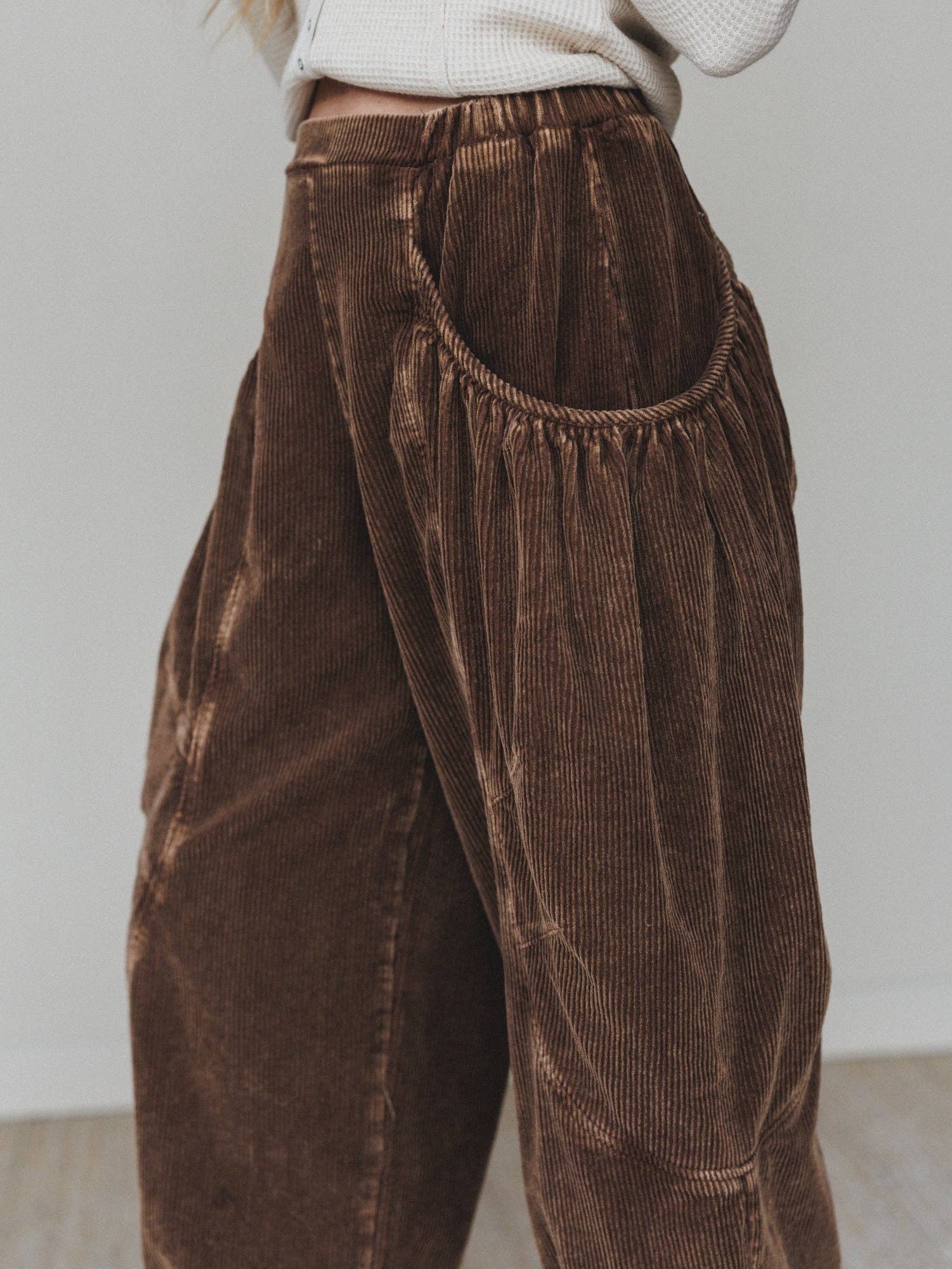 Nora Gathered Barrel Corduroy Pant - Brown
