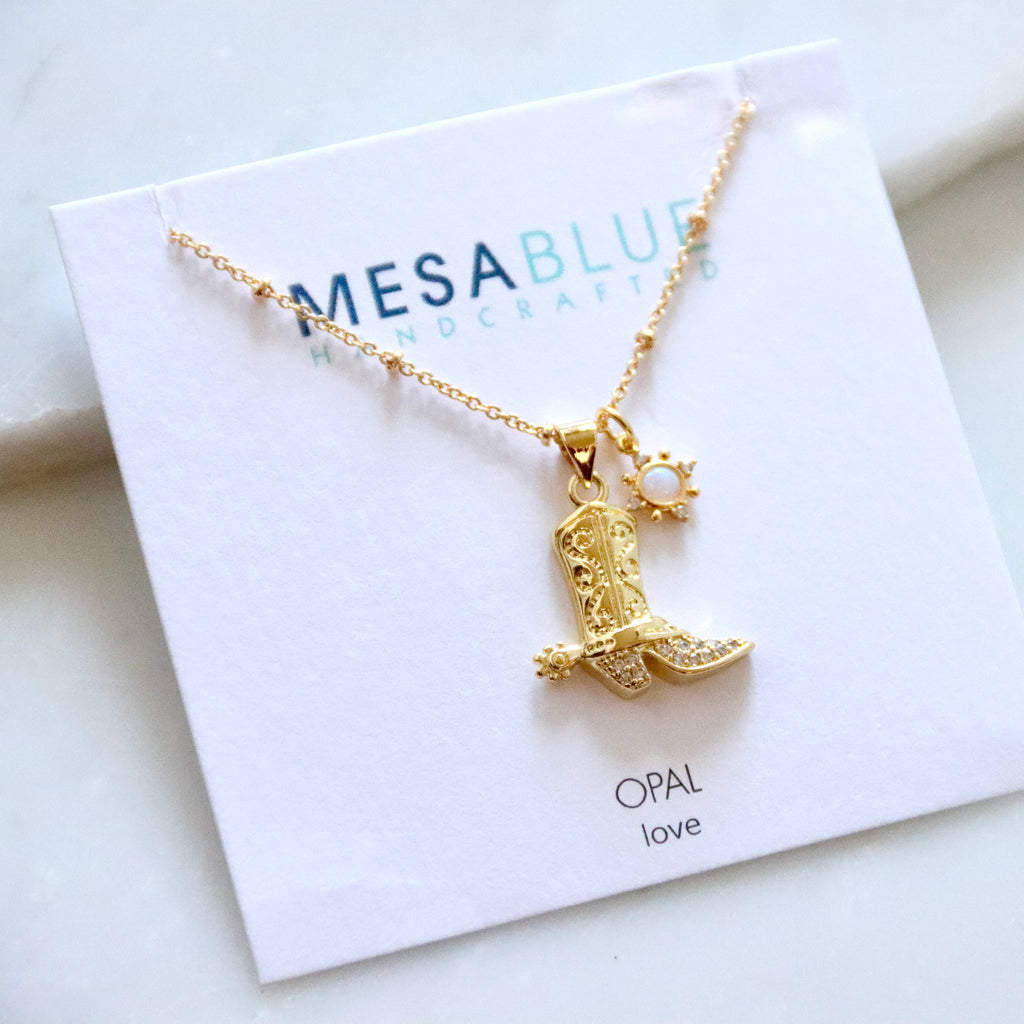 Opal Sun CZ Cowboy Boot Necklace 
