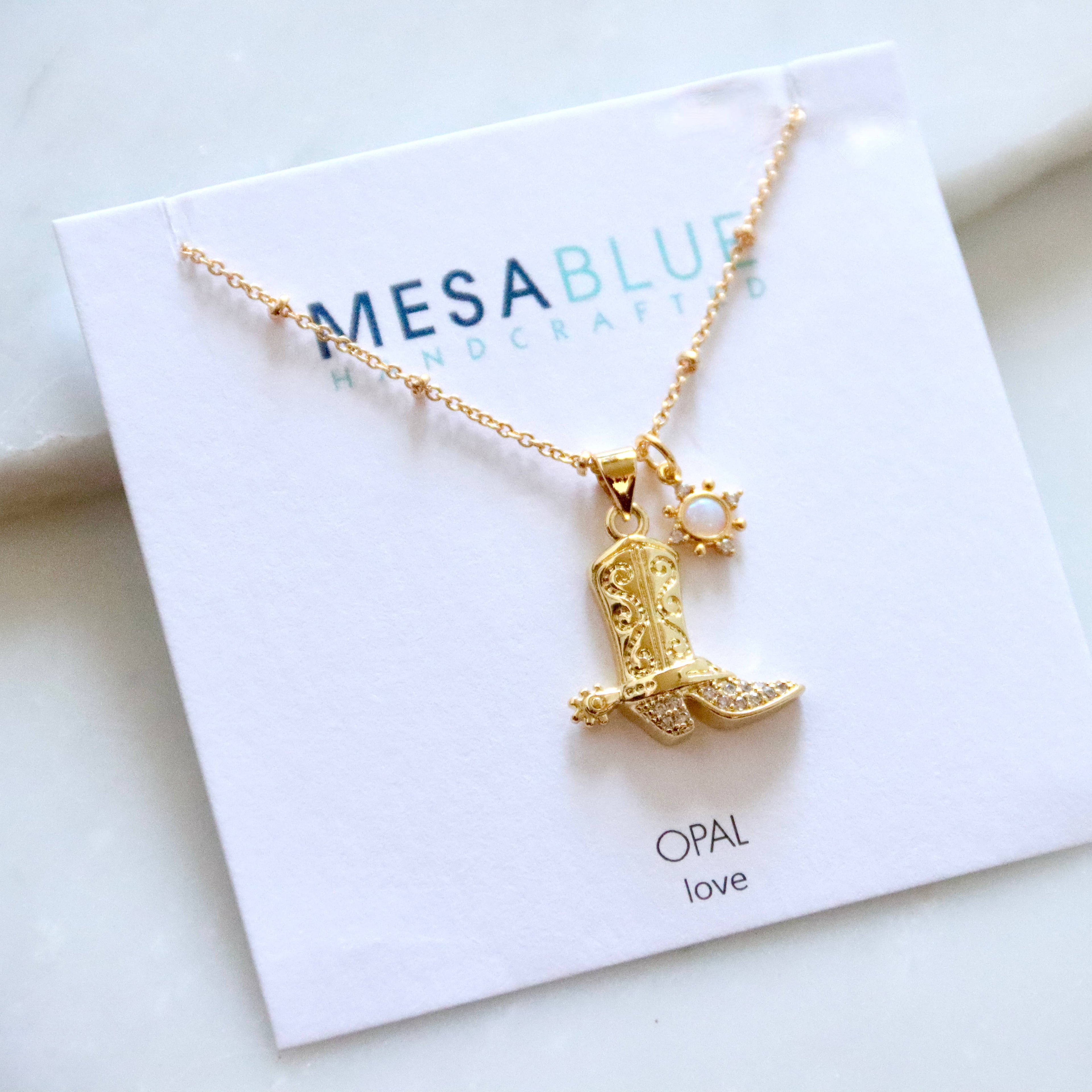 Opal Sun CZ Cowboy Boot Necklace 
