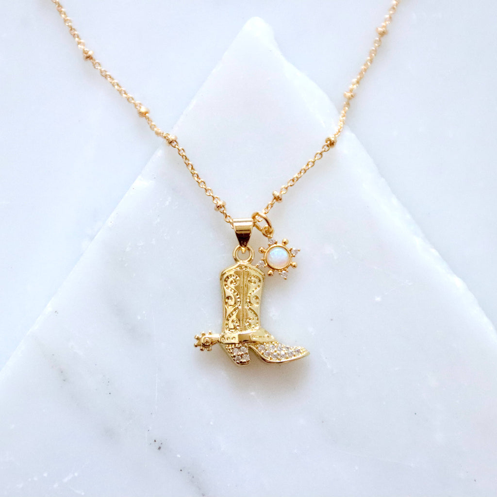 Opal Sun CZ Cowboy Boot Necklace 