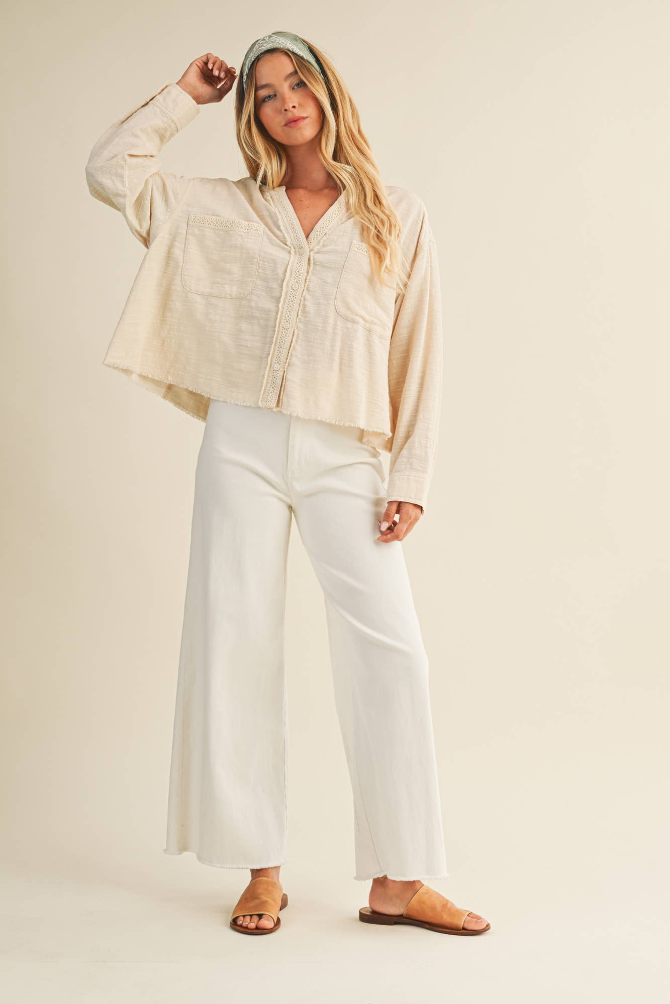 Lace Trim Textured Button-Down Shirt