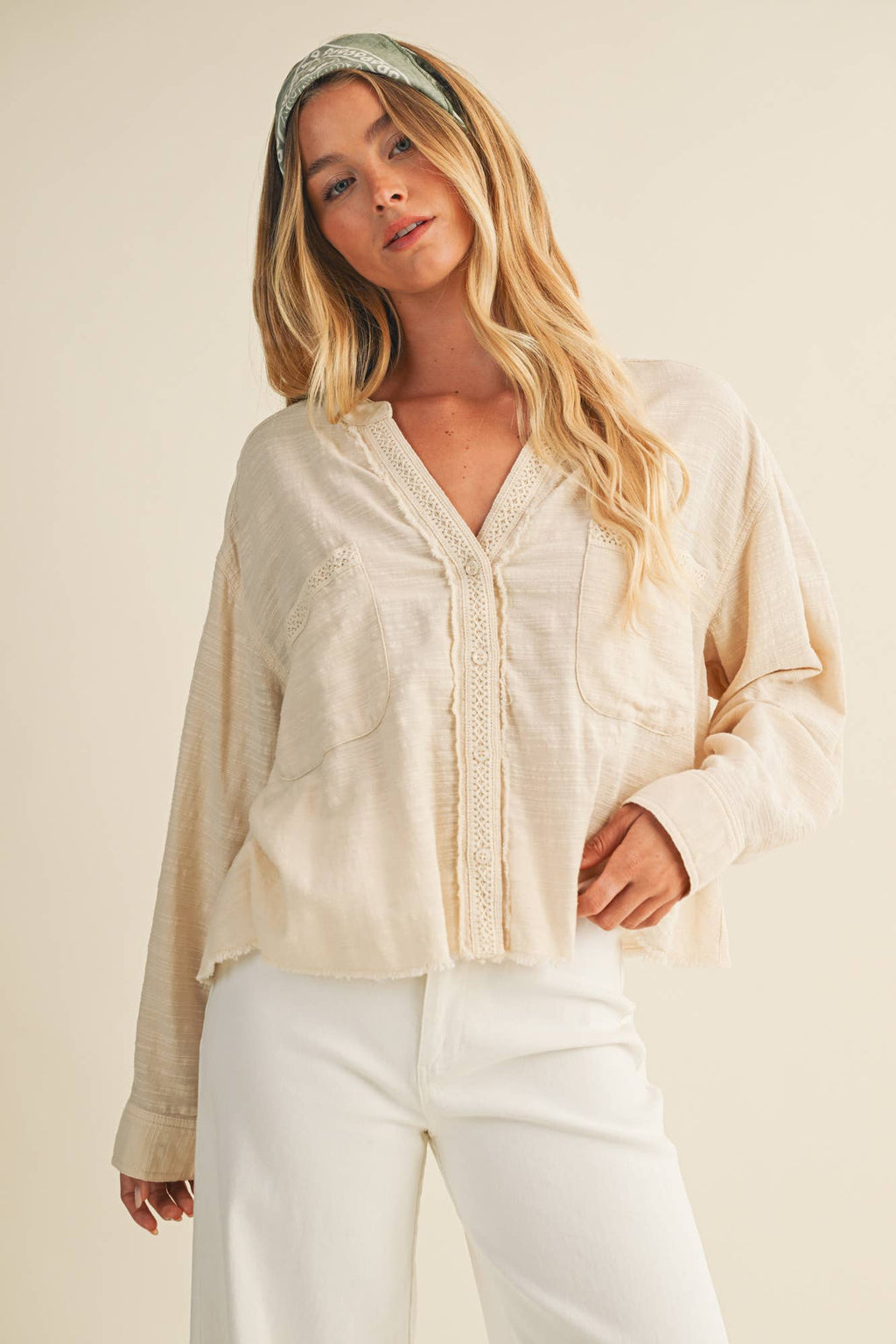 Lace Trim Textured Button-Down Shirt
