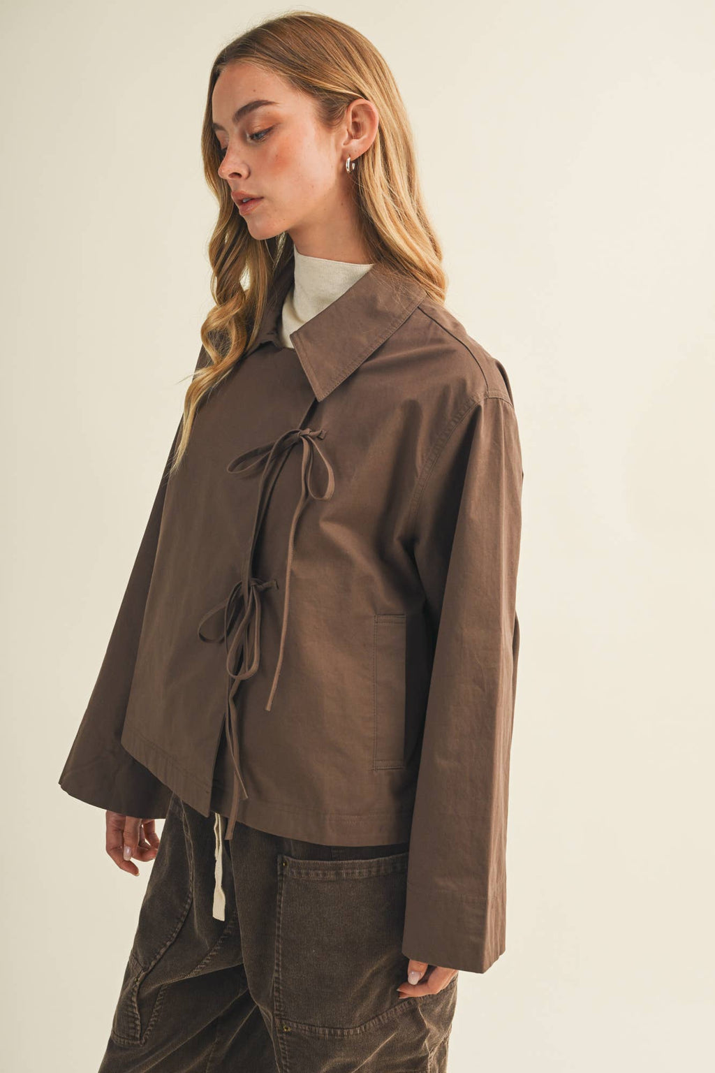 Tie-Front Bell Sleeve Poplin Jacket