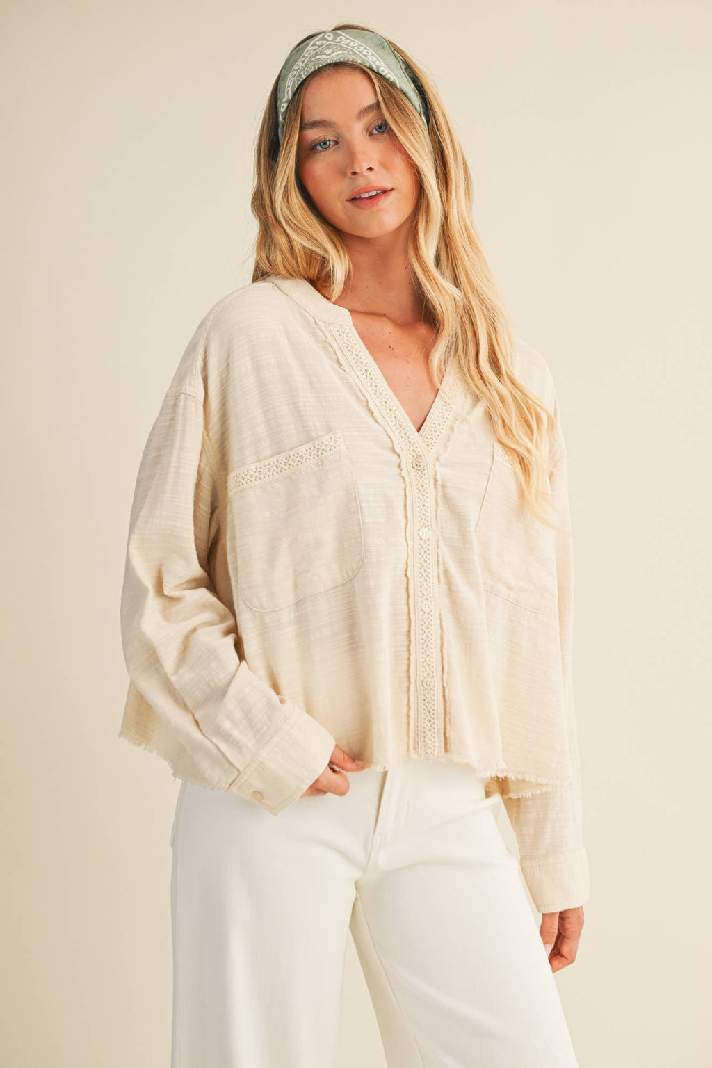 Lace Trim Textured Button-Down Shirt