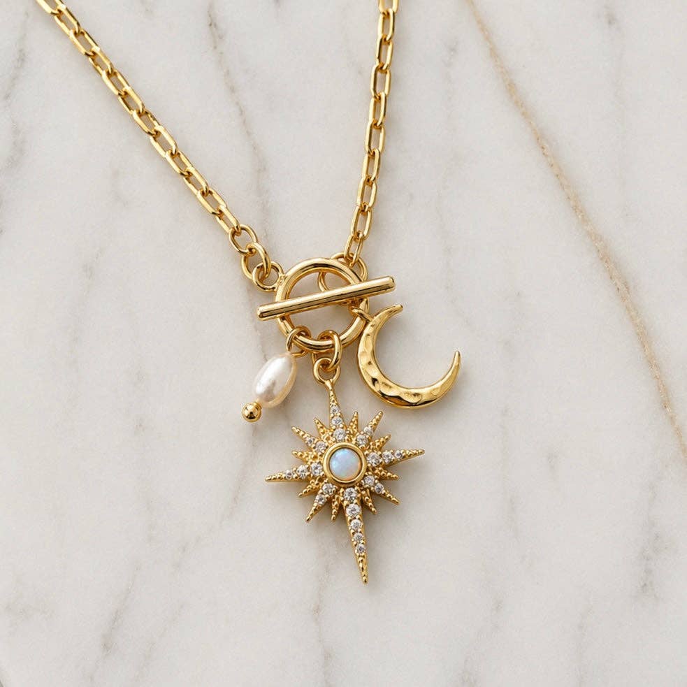 CZ Opal Pearl Star and Moon Necklace