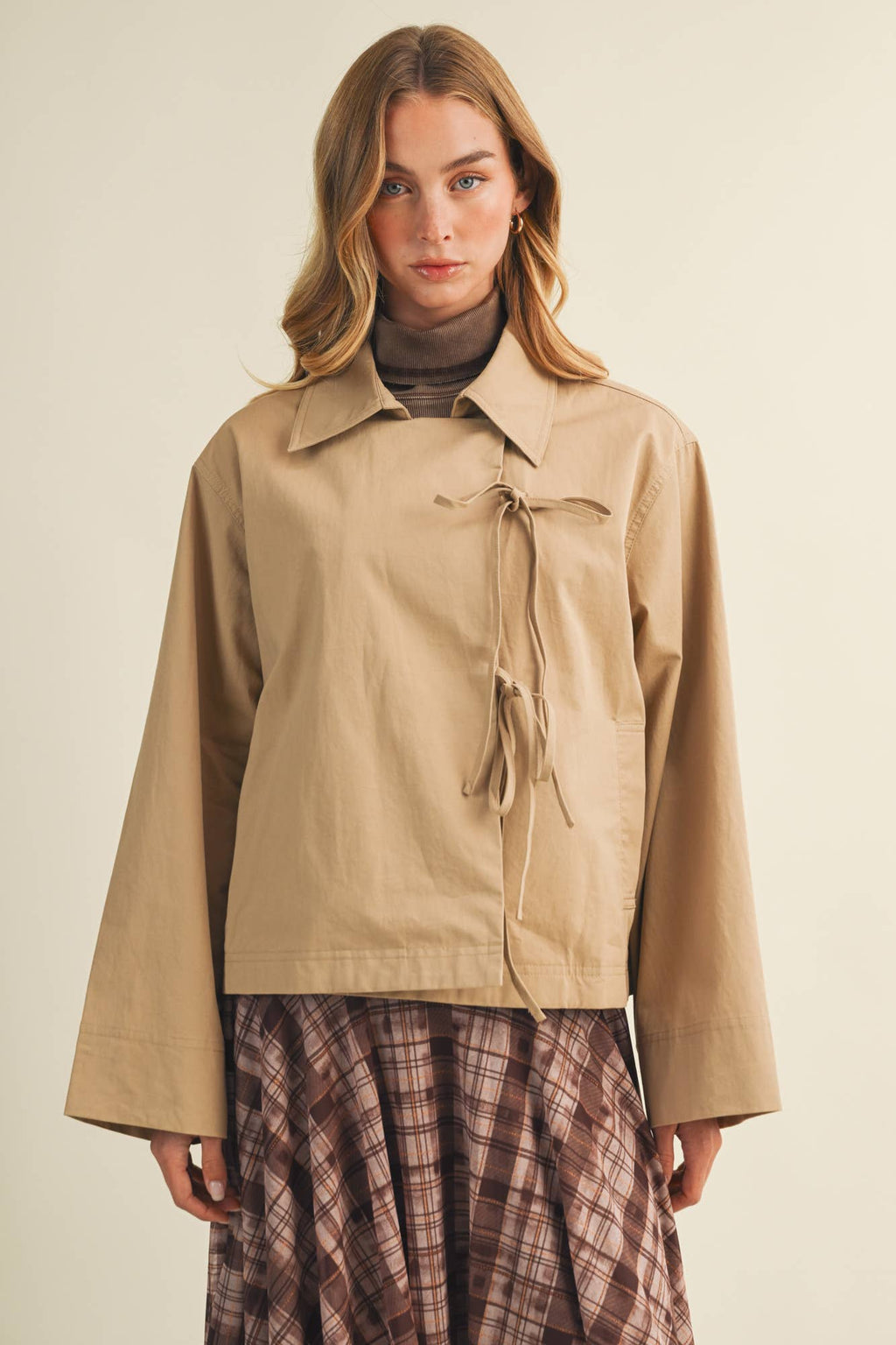 Tie-Front Bell Sleeve Poplin Jacket