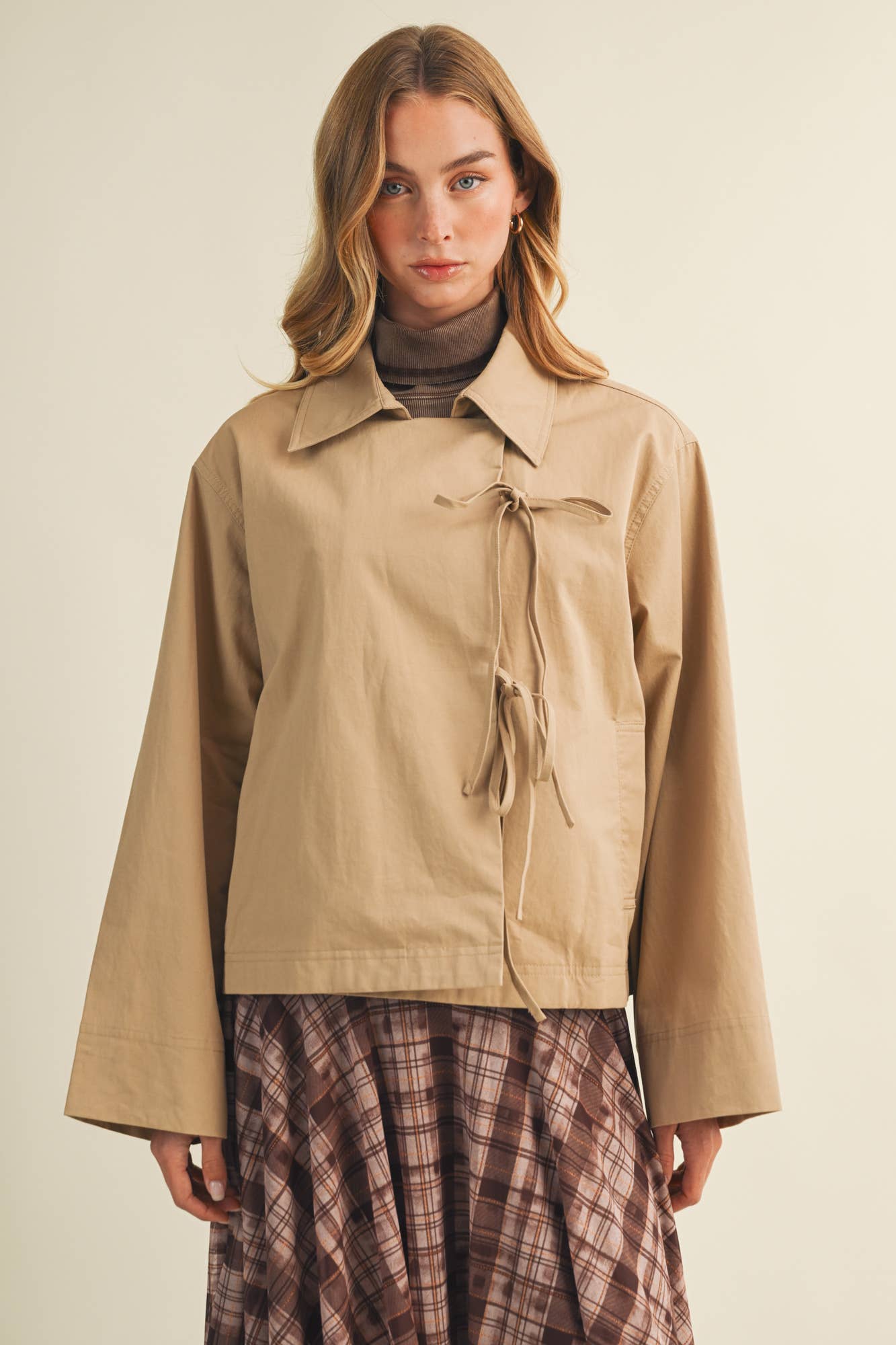 Tie-Front Bell Sleeve Poplin Jacket