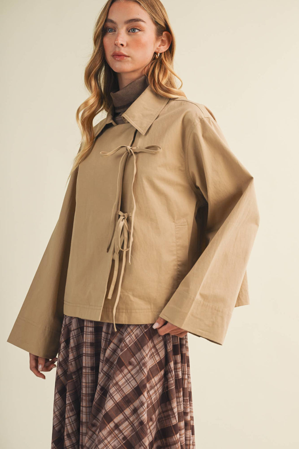 Tie-Front Bell Sleeve Poplin Jacket