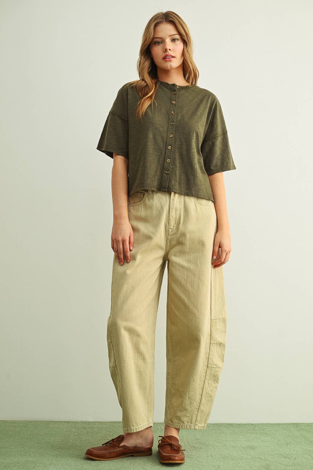 ET7639   BUTTON DOWN ROUND NECK HALF SLEEVE TOP