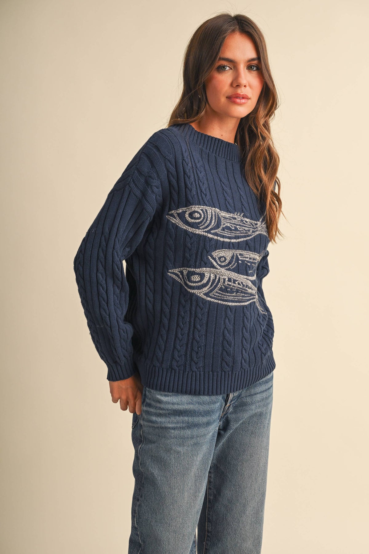 IT4935 BOAT NECK EMBROIDERED HERRING SWEATER TOP