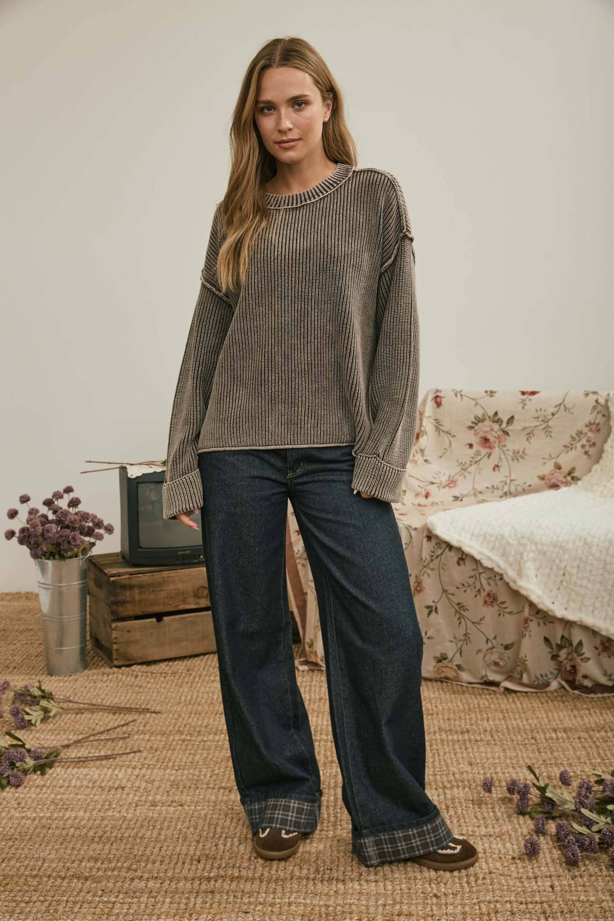 WASHED RIBBED LONG SLEEVE FOLDED CUFF KNIT SWEATER