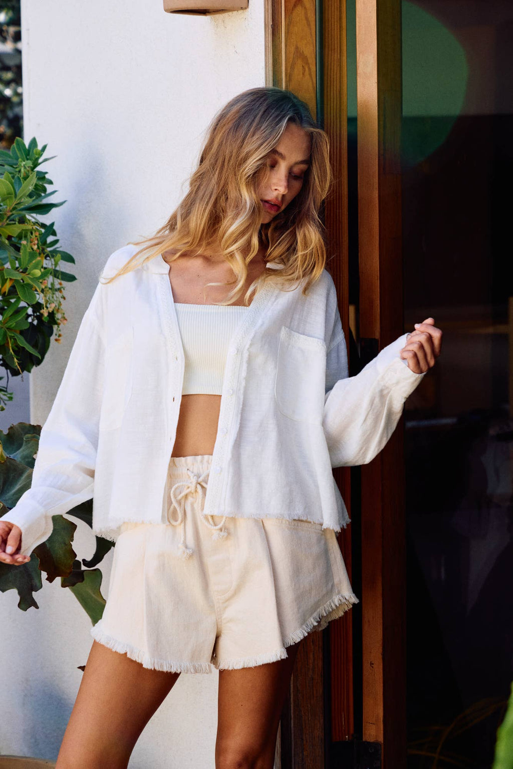 Lace Trim Textured Button-Down Shirt