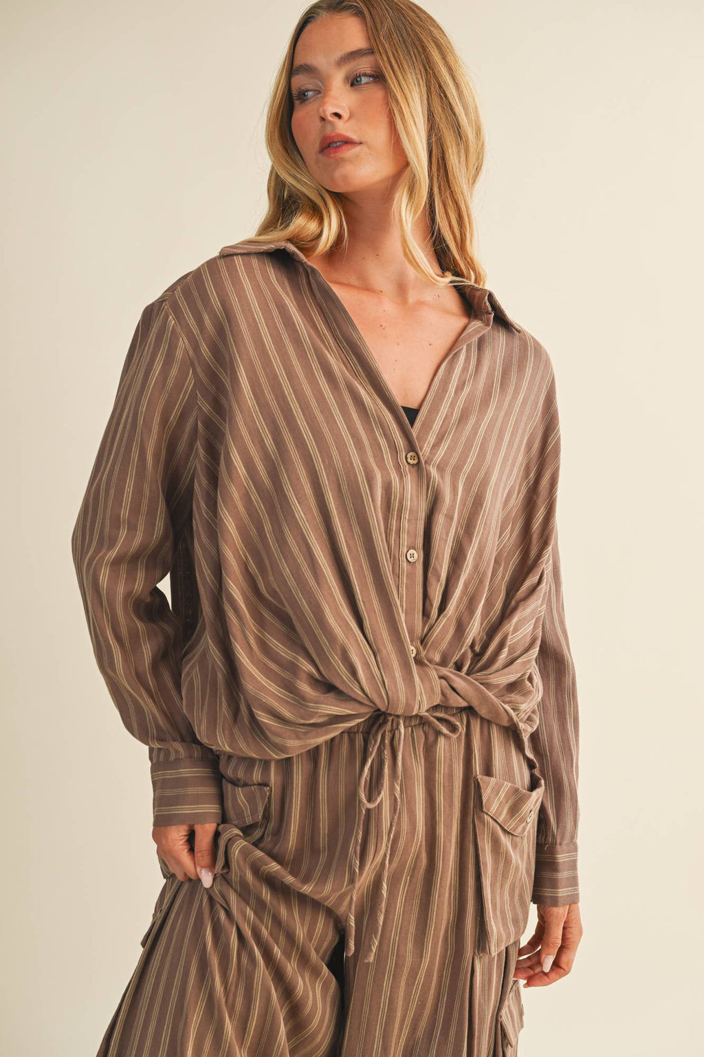 Vertical Stripe Twist Front Shirt