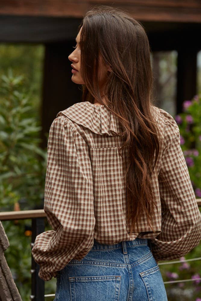 L8738 | Woven Cotton Gingham Ruffled Blouse
