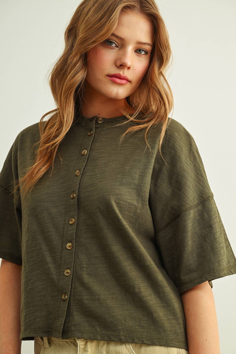 ET7639   BUTTON DOWN ROUND NECK HALF SLEEVE TOP