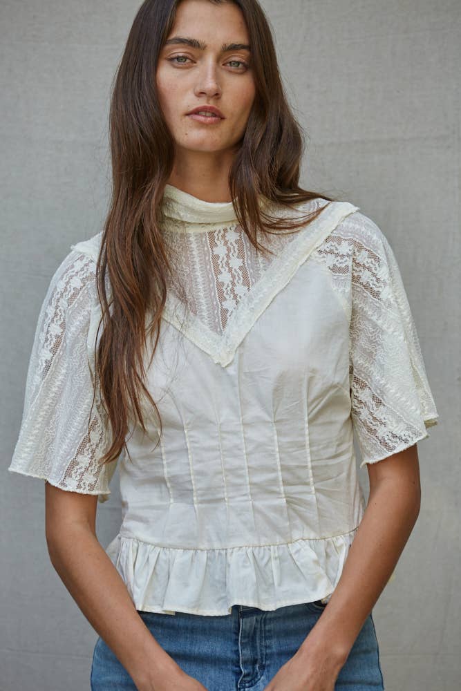 L9882 | Woven Cotton Sheer Lace Mock Neck Short Sleeve Top