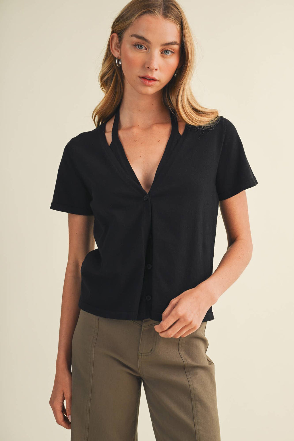 Halter Strap V-Neck Knit Blouse