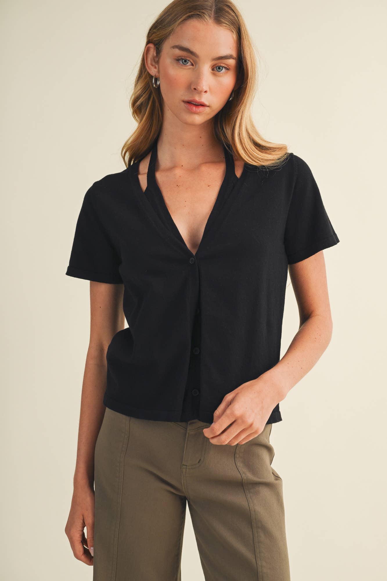 Halter Strap V-Neck Knit Blouse