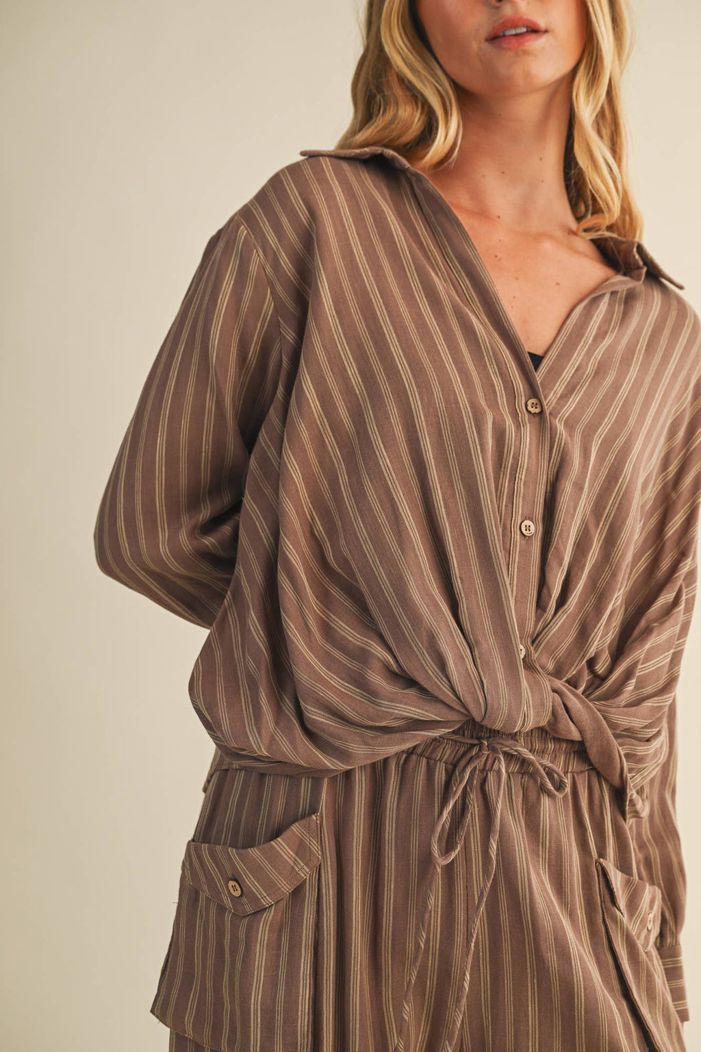 Vertical Stripe Twist Front Shirt