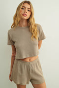 ET7142ST   WAFFLE FABRIC ROUND NECK SHORT SLEEVE CROP TOP