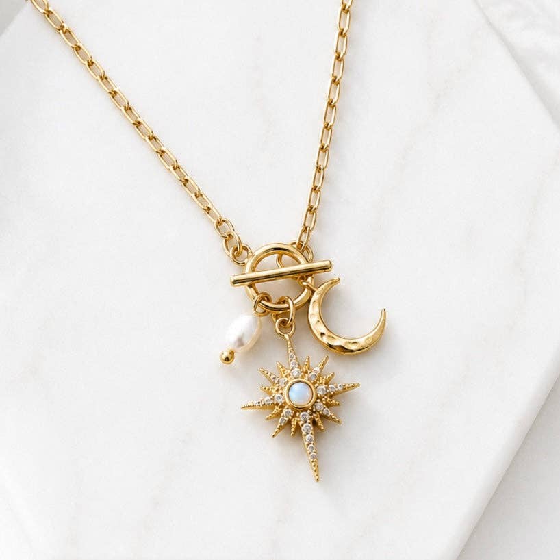 CZ Opal Pearl Star and Moon Necklace