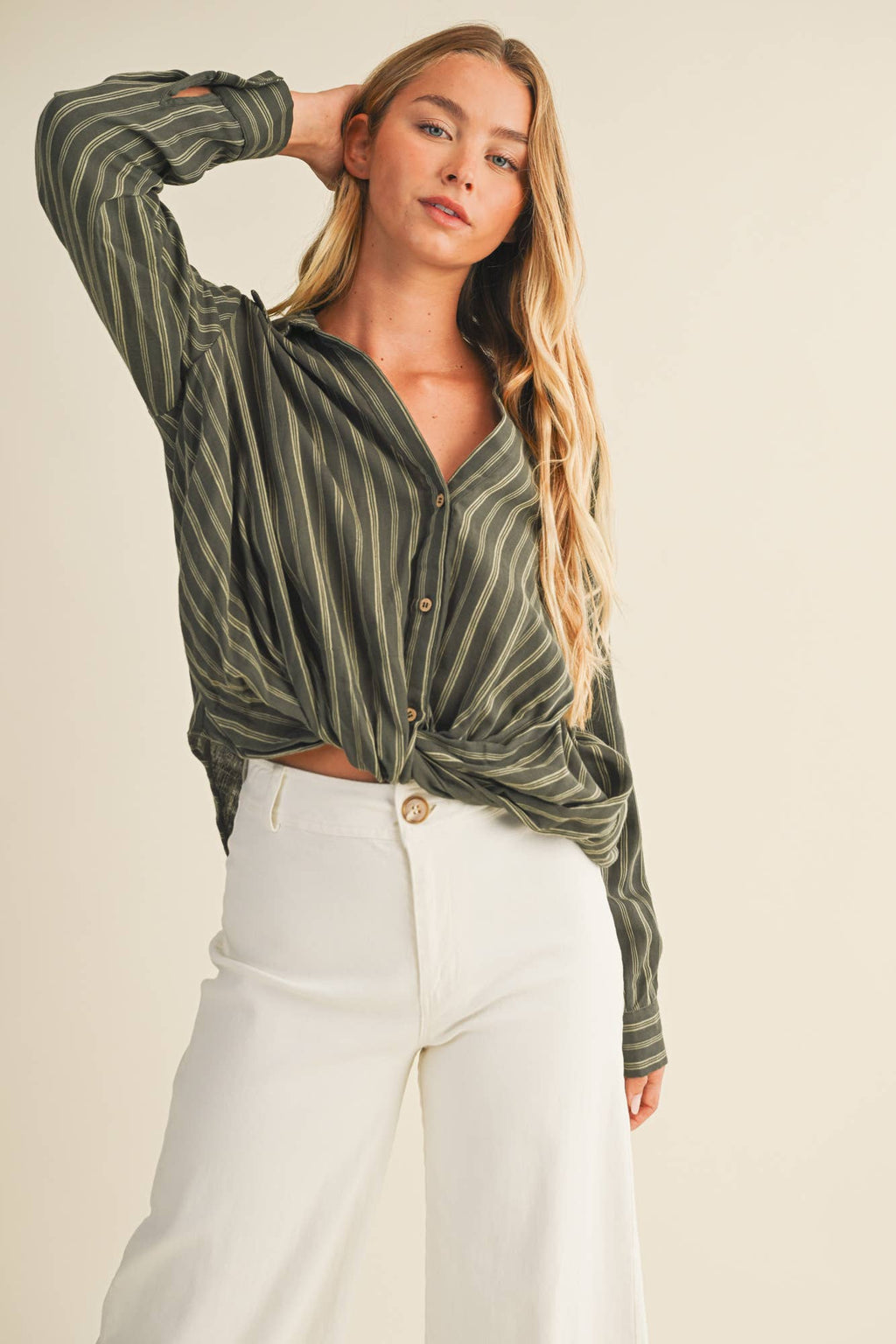 Vertical Stripe Twist Front Shirt