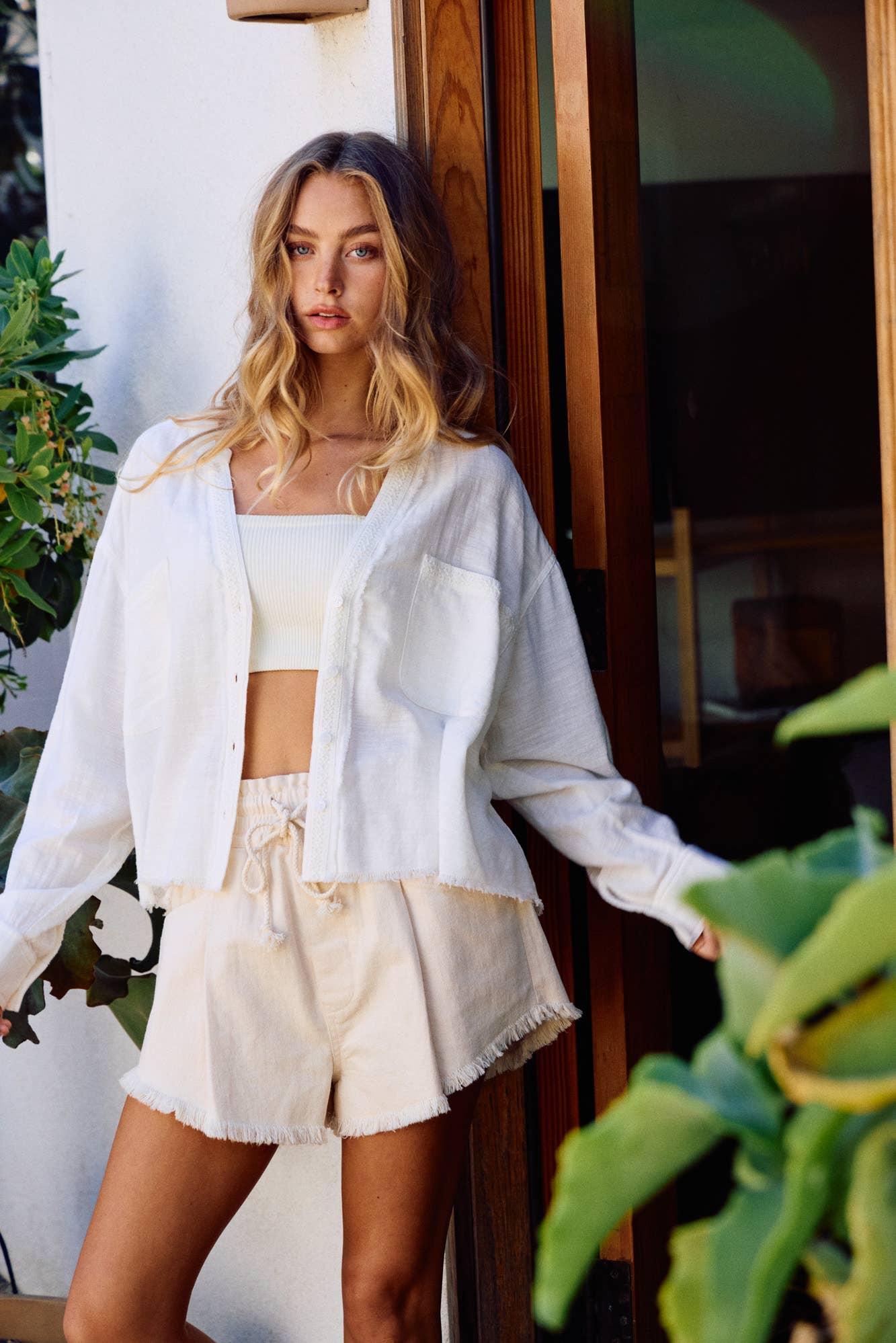 Lace Trim Textured Button-Down Shirt